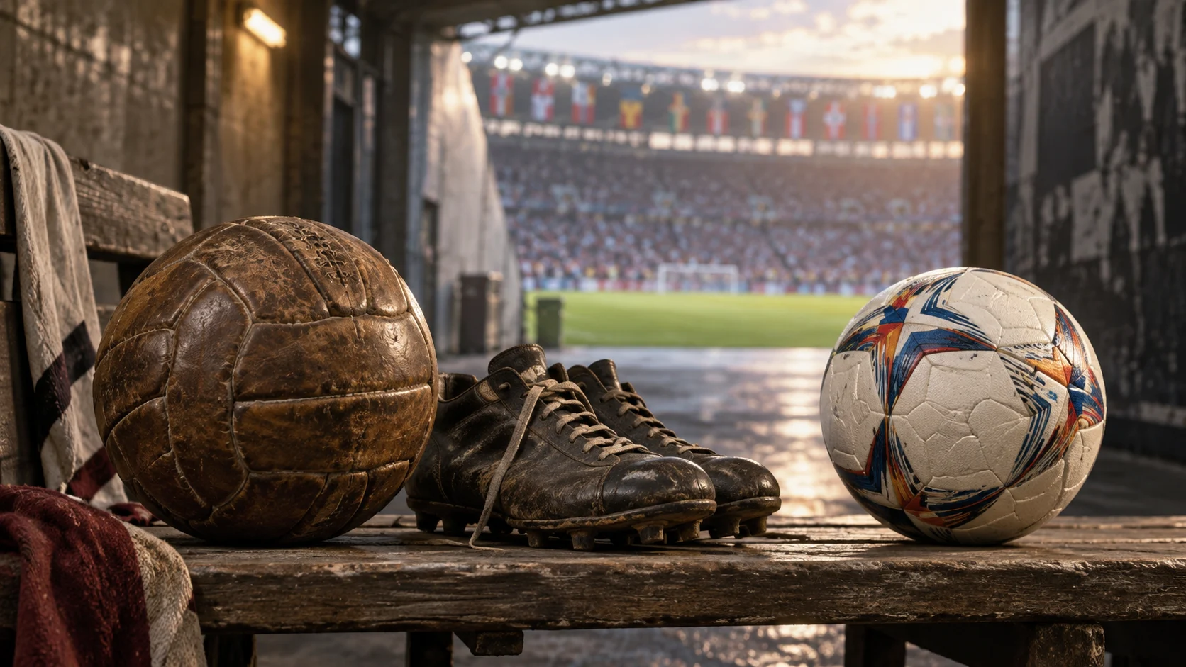 Vintage soccer ball beside historic boots and tournament memorabilia