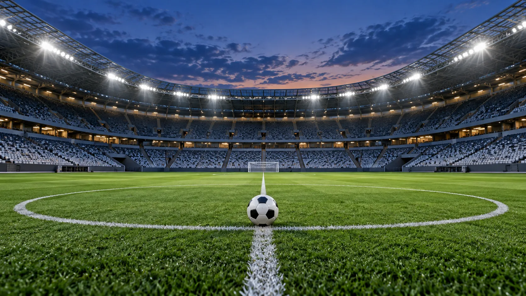 Soccer ball resting on the center spot of a packed stadium
