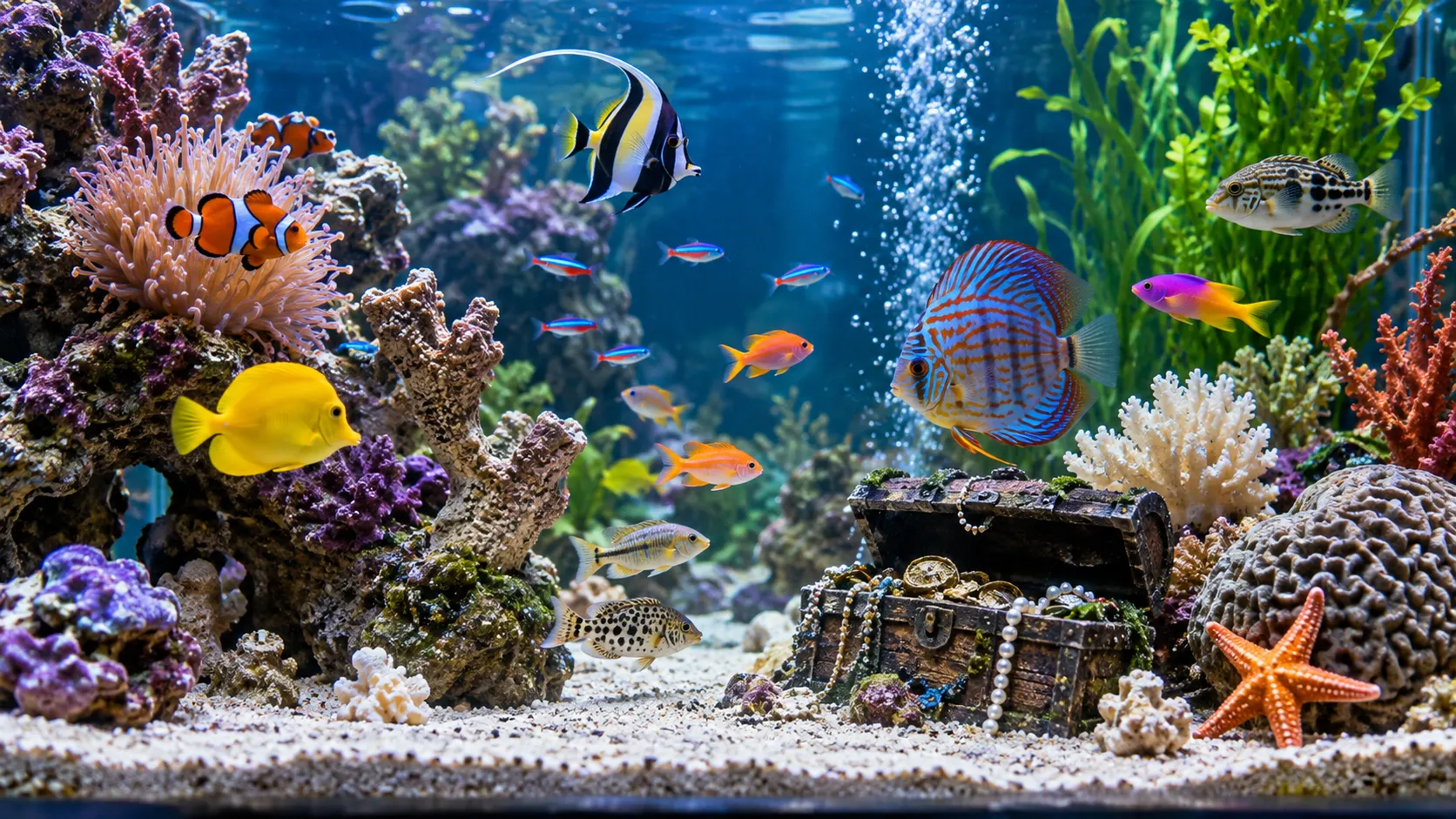 Colorful tropical fish gathered inside a home aquarium