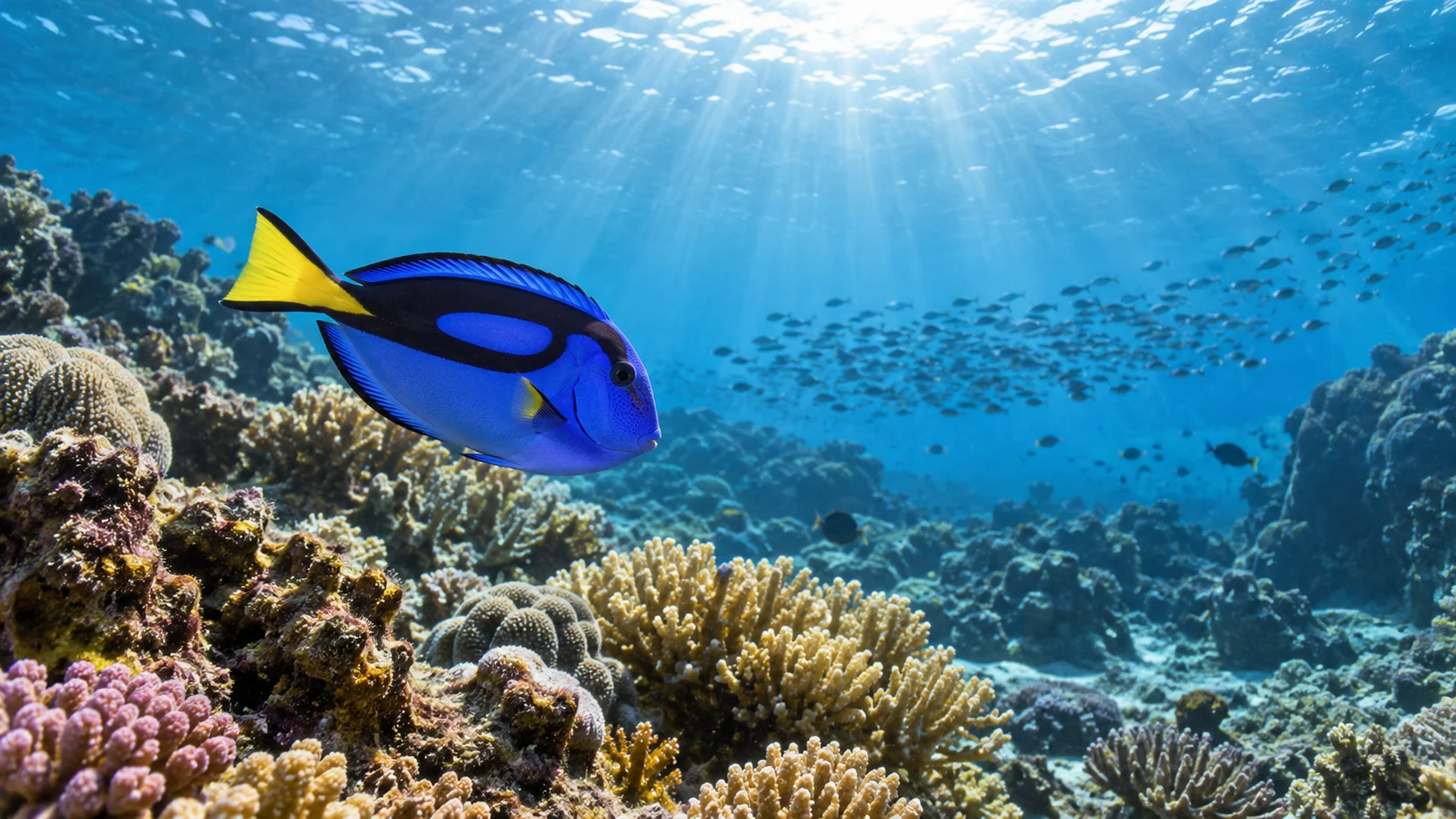 Blue tang fish swimming above a sunlit coral reef