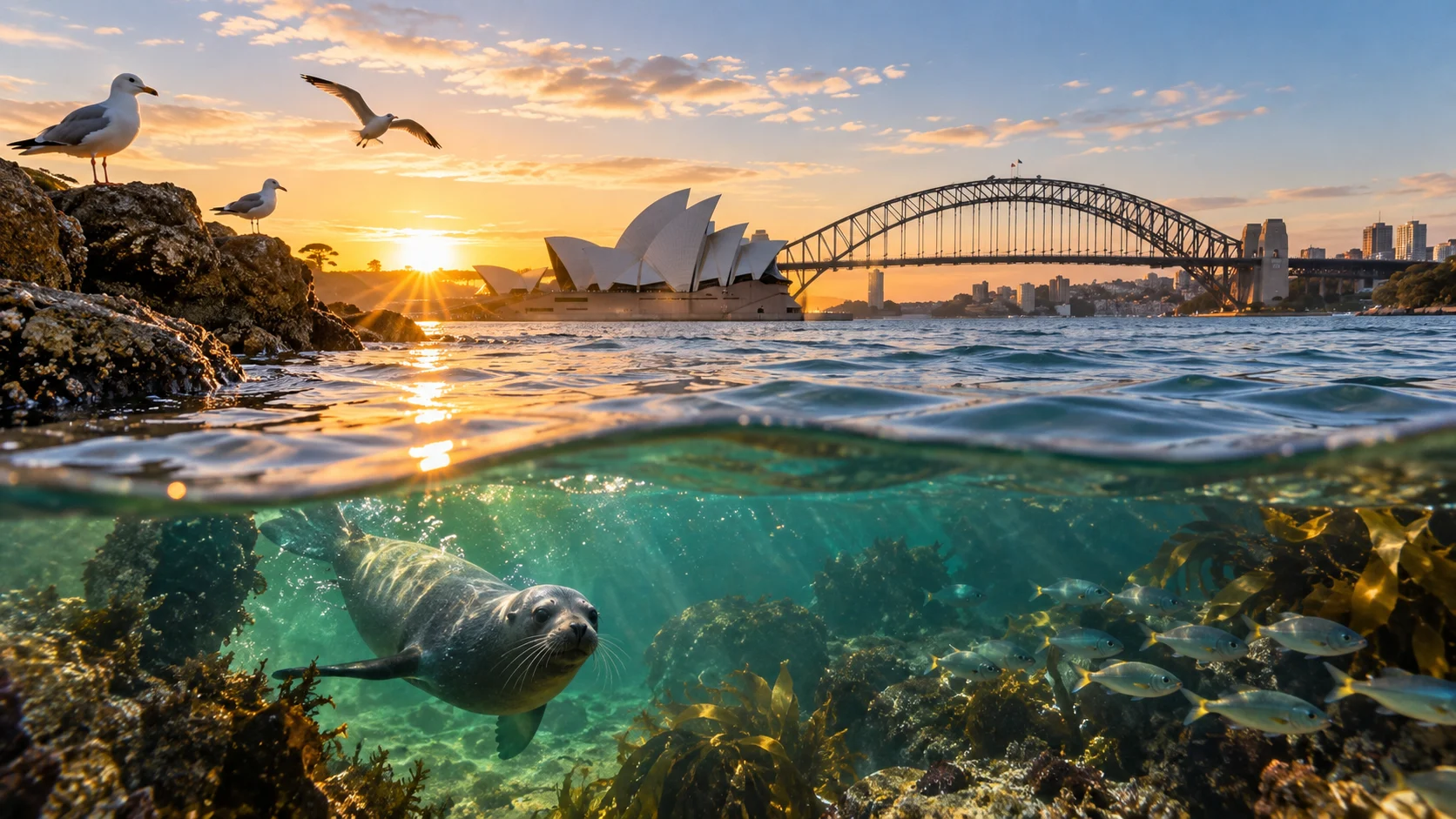 Sydney Harbour at sunrise viewed from clear coastal water