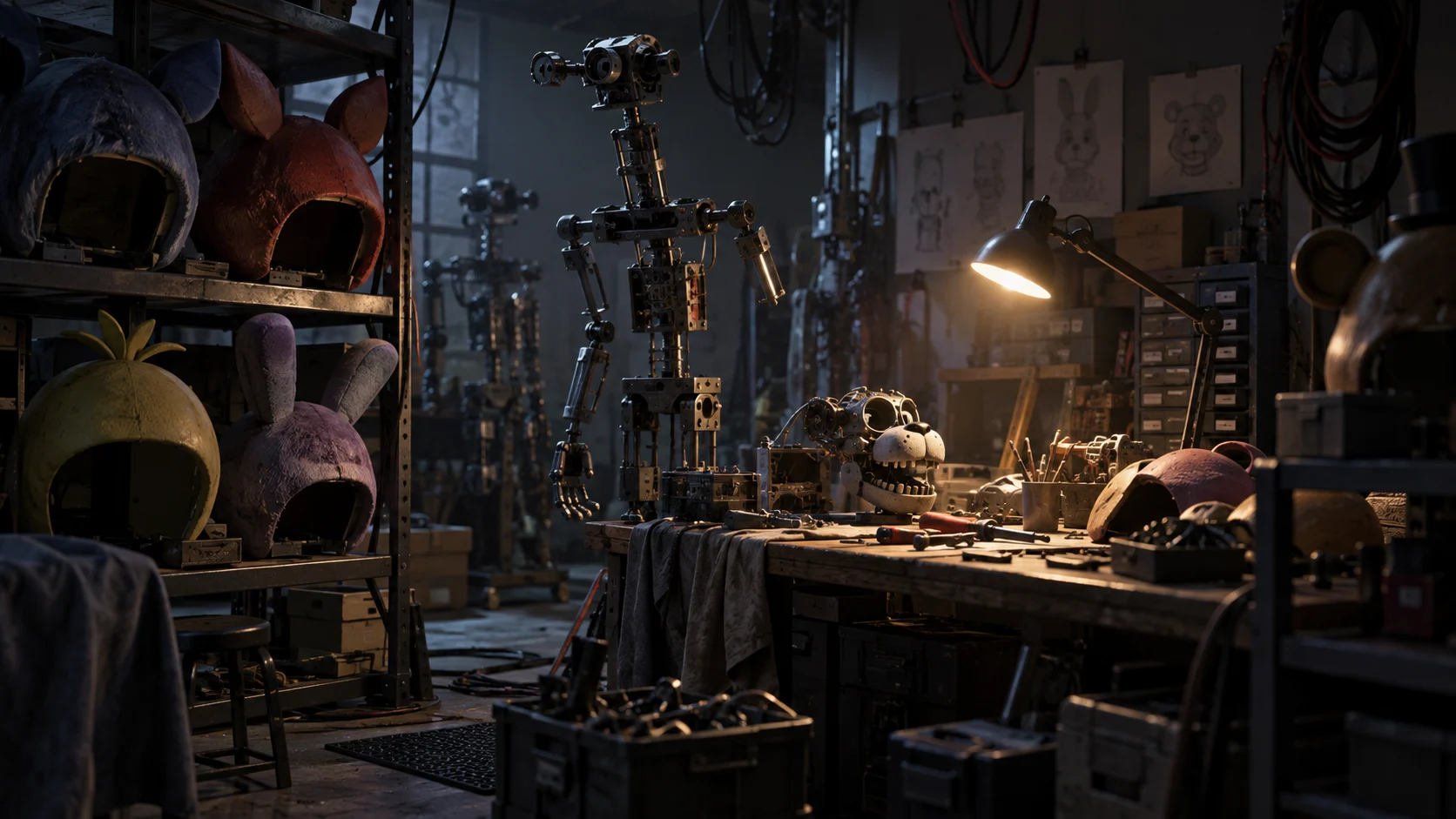 Generic animal animatronic parts masks wires and tools in a workshop