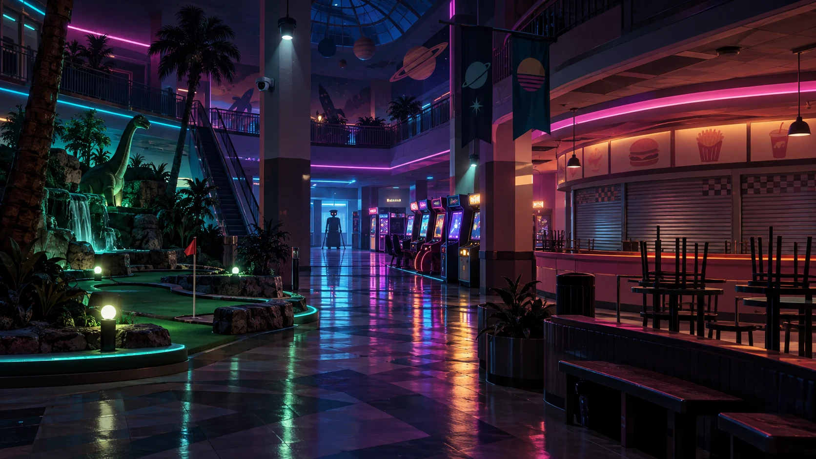 Neon entertainment mall with arcade corridor mini-golf and shuttered food court