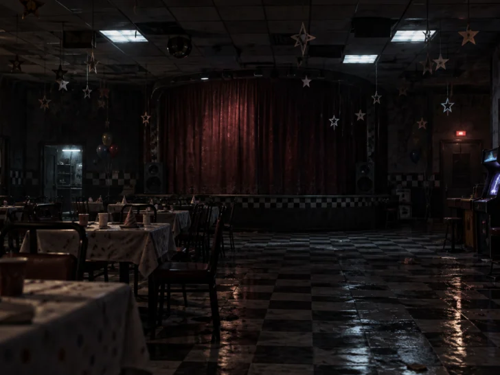 Abandoned family pizzeria dining room with empty stage and arcade cabinets