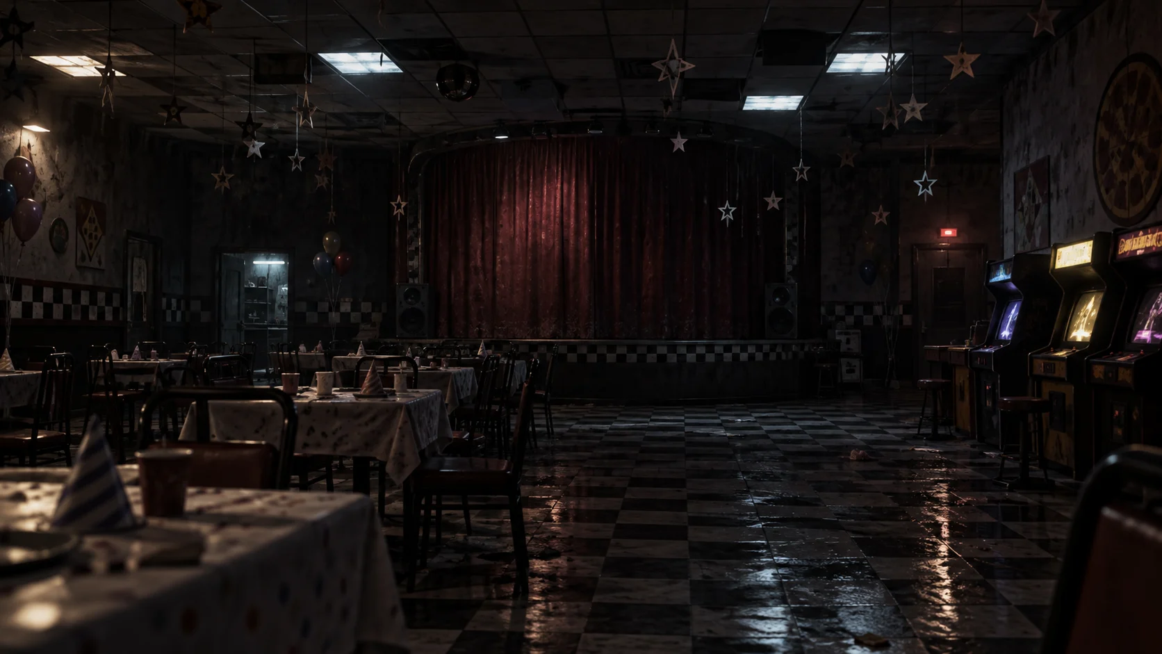 Abandoned family pizzeria dining room with empty stage and arcade cabinets