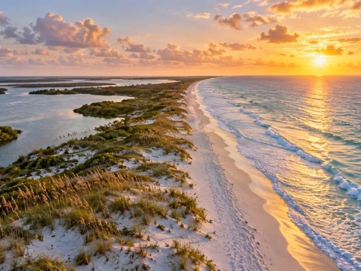 A narrow Florida barrier island meets the Atlantic at sunrise