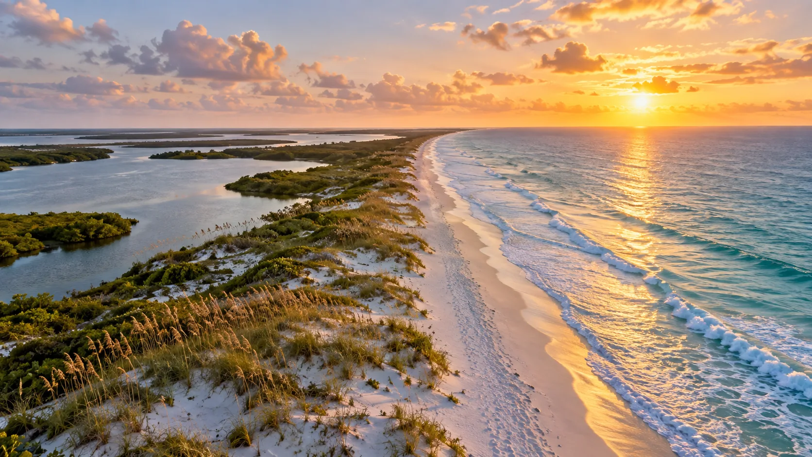 A narrow Florida barrier island meets the Atlantic at sunrise