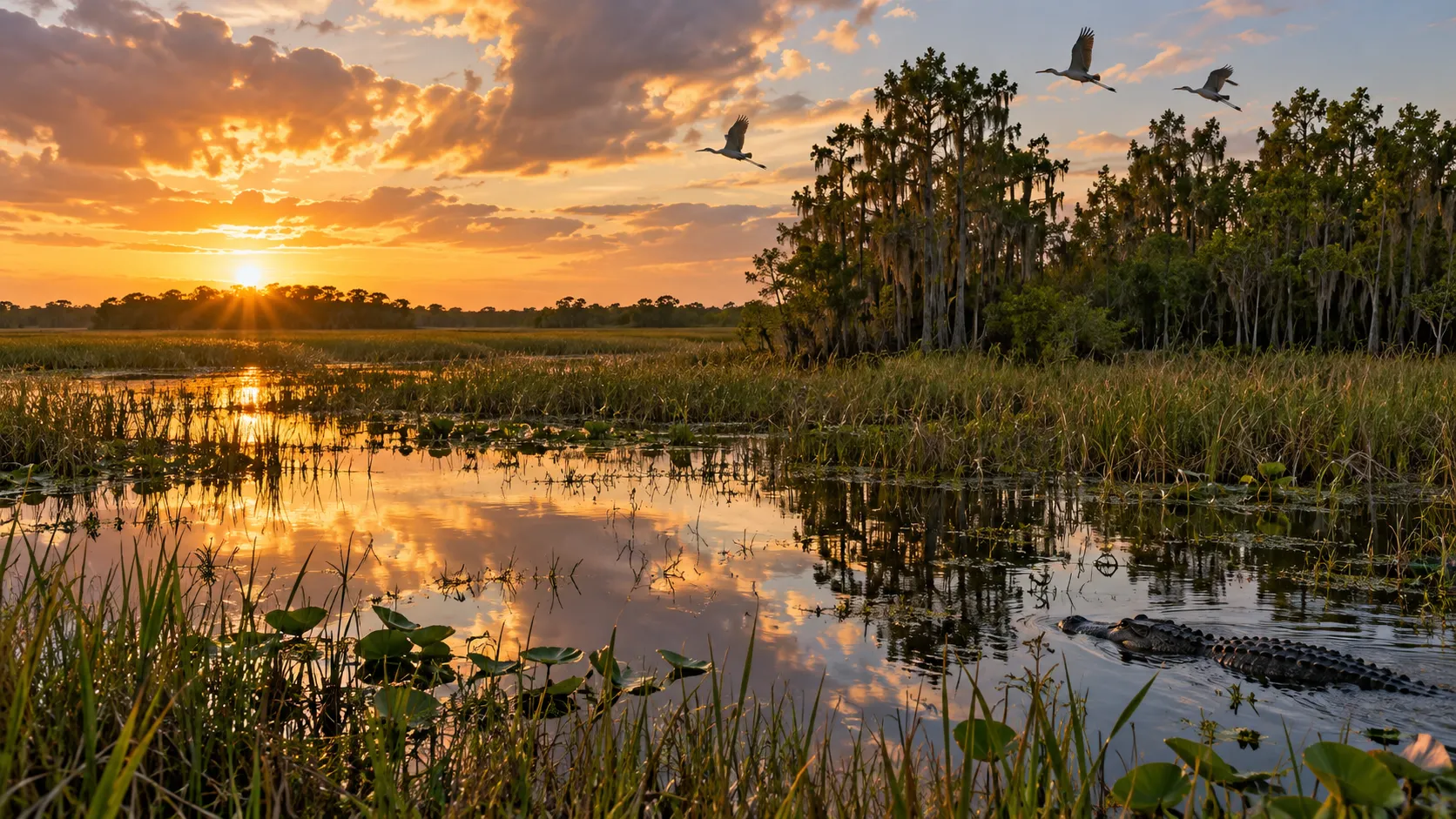An alligator glides through the Everglades at golden hour