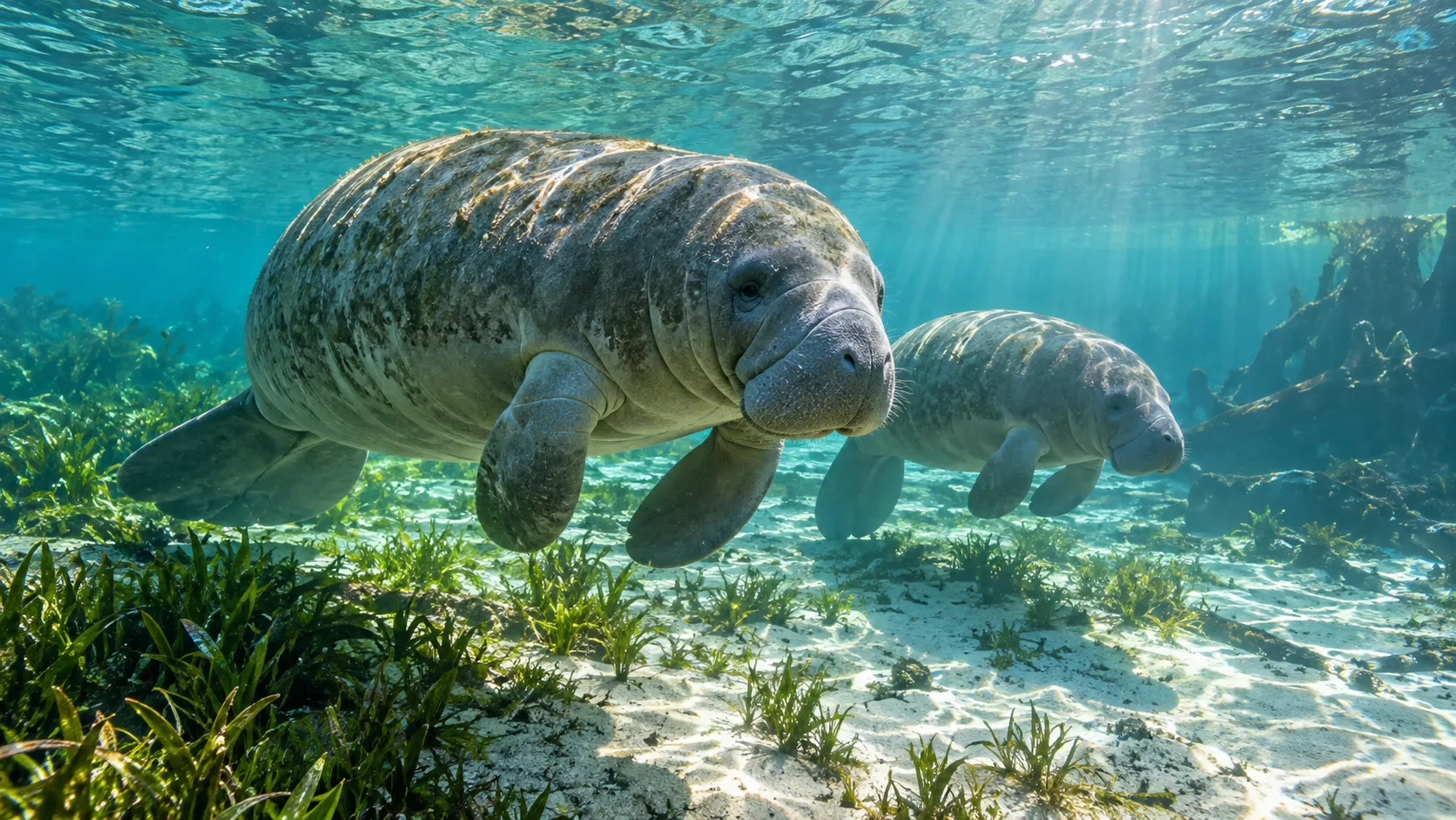 Two manatees swim through a crystal-clear Florida spring