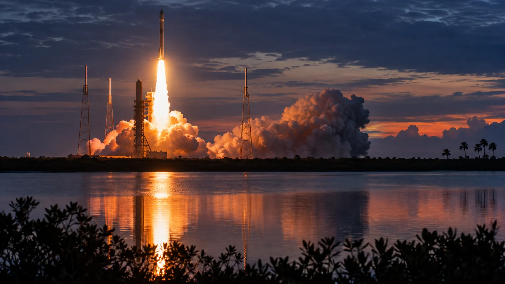 A rocket rises from Florida's Space Coast before dawn