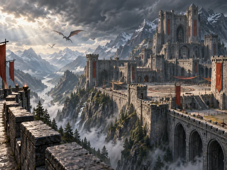 A mountain fortress and dragon-rider academy above storm clouds