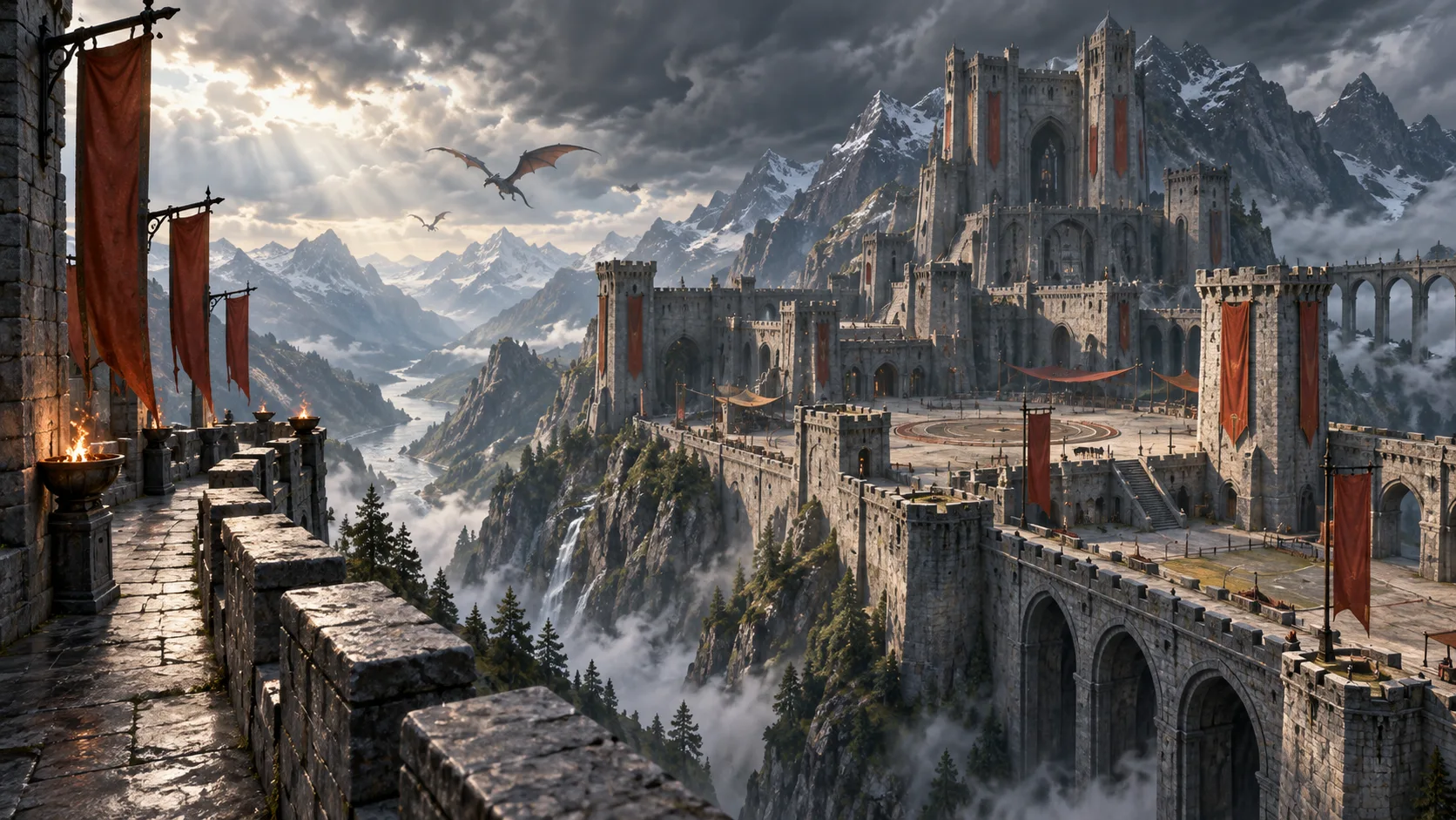 A mountain fortress and dragon-rider academy above storm clouds