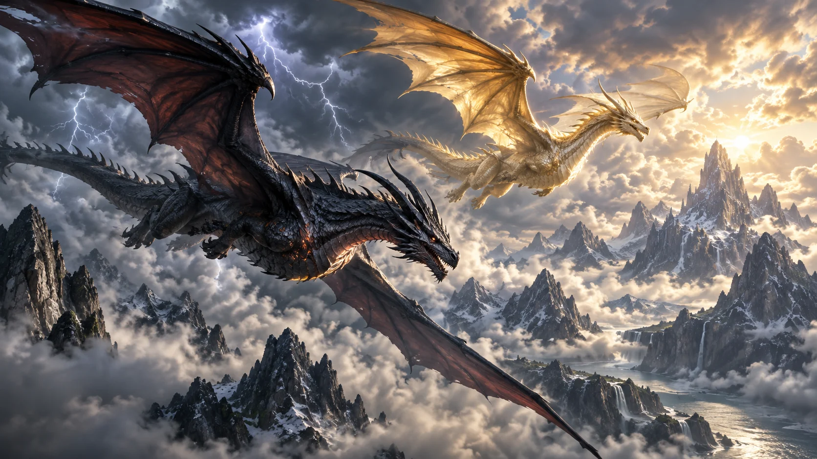 Two original dragons flying over jagged mountains in a thunderstorm