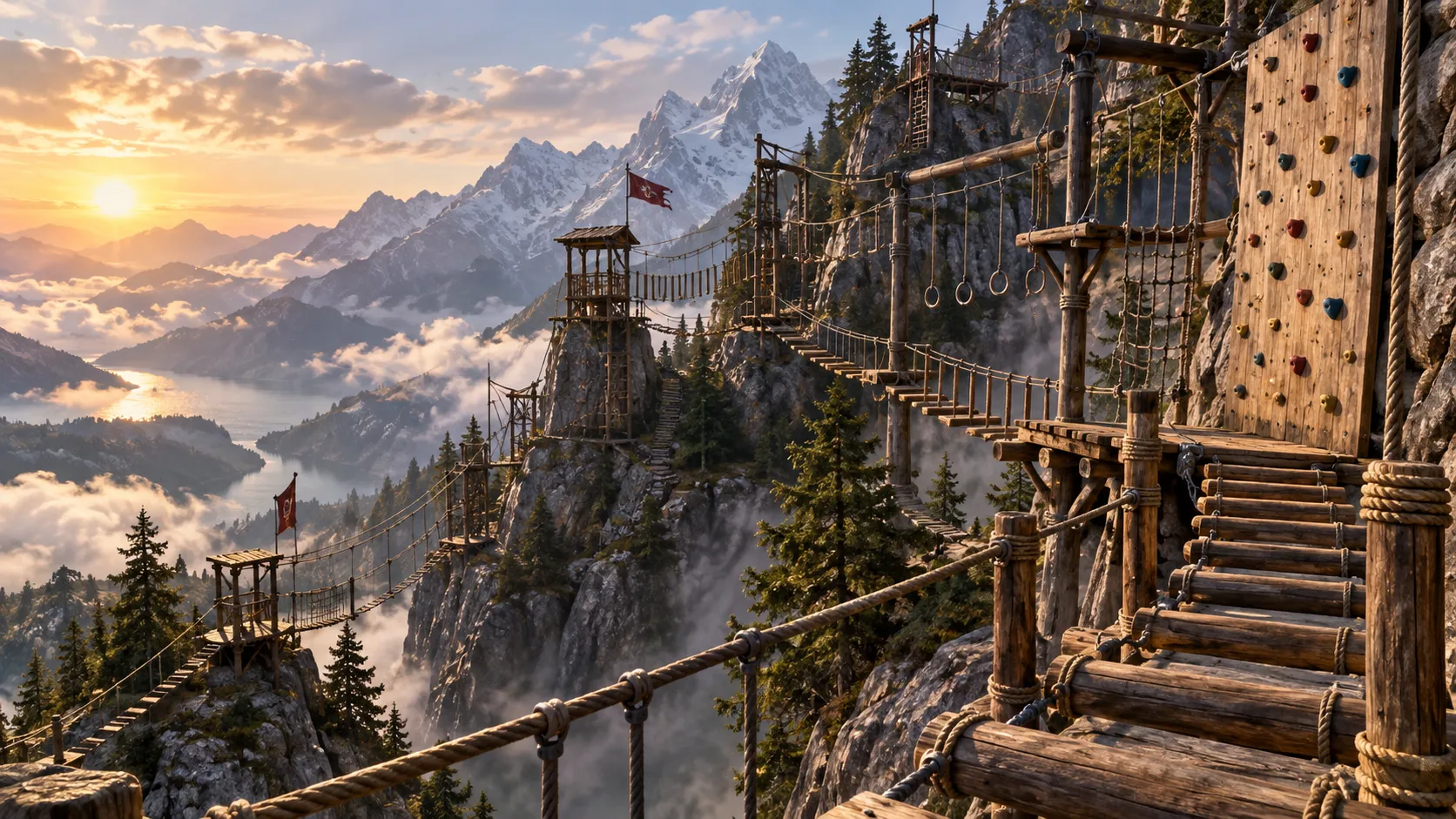 A dangerous wooden obstacle course climbing a mountainside