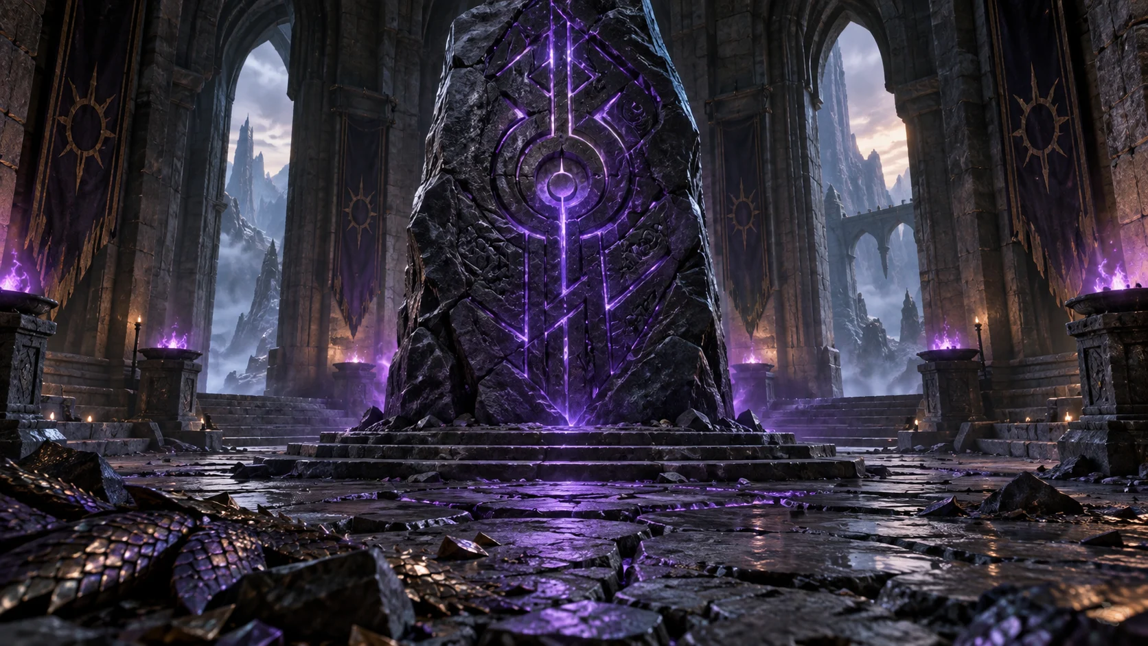 A glowing rune-carved wardstone in an ancient fortress chamber