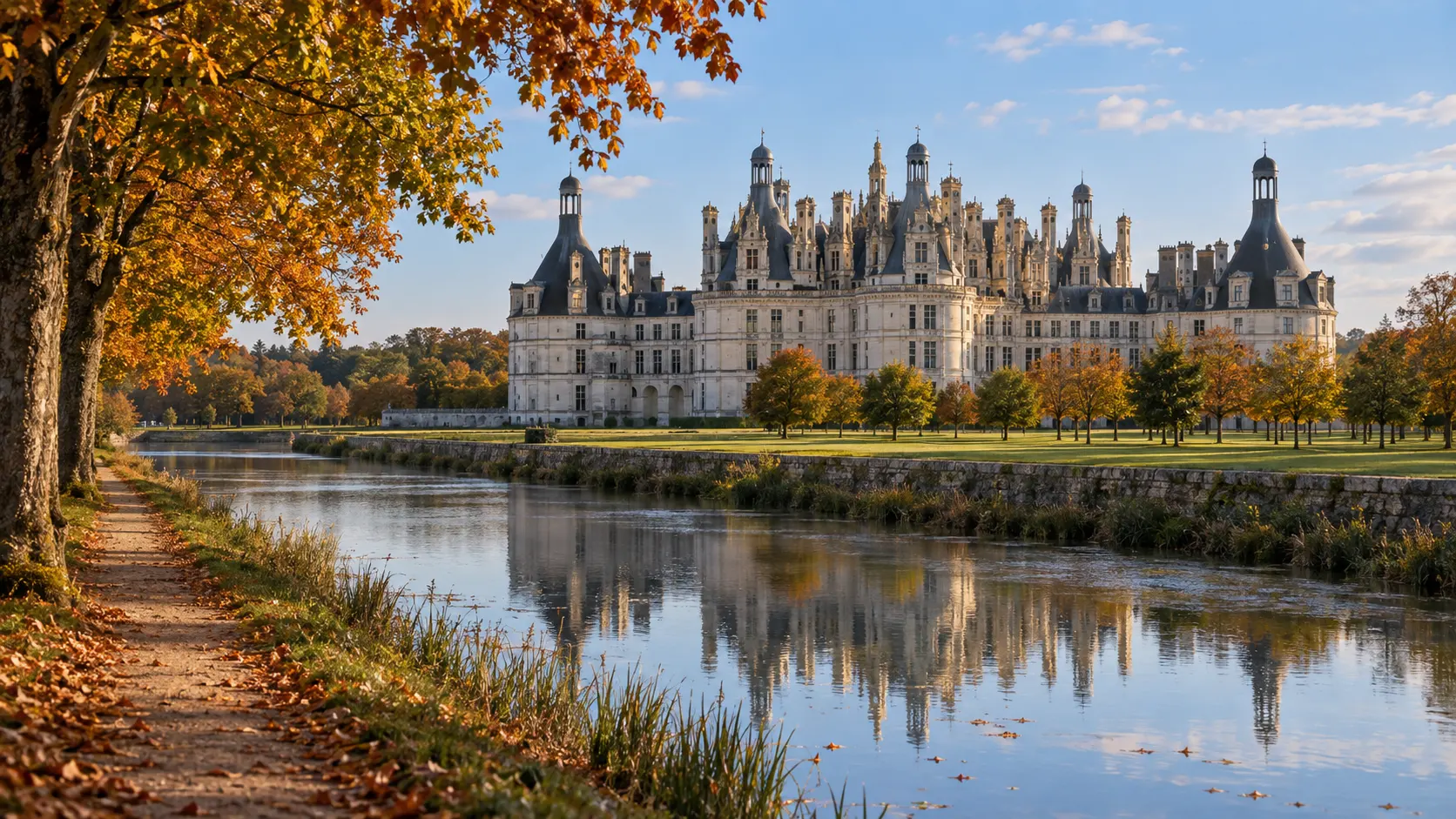 Ch&acirc;teau de Chambord reflected in calm water among autumn trees
