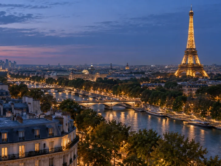 Eiffel Tower glowing above Paris and the Seine at blue hour