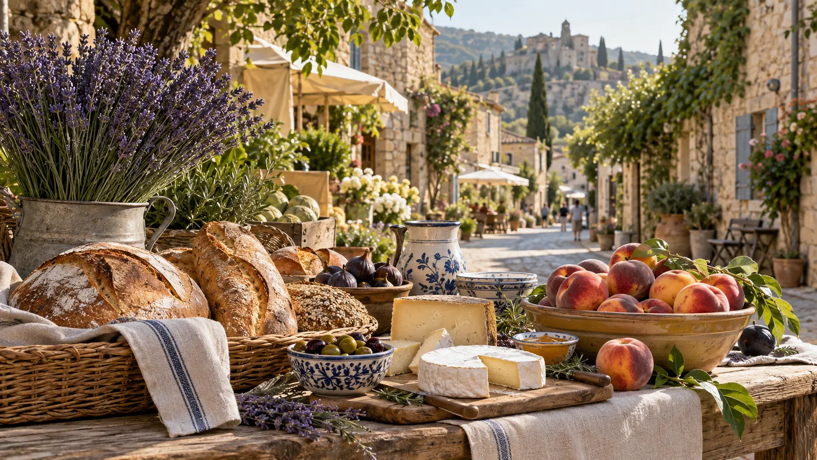 Rustic bread cheese peaches and lavender at a sunny Provence market