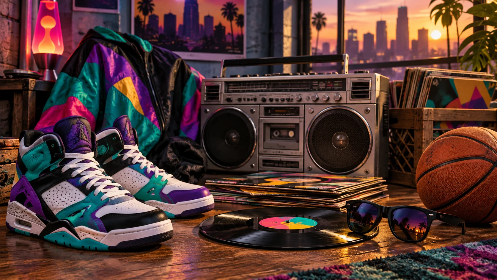 A colorful still life of early-1990s streetwear and music culture
