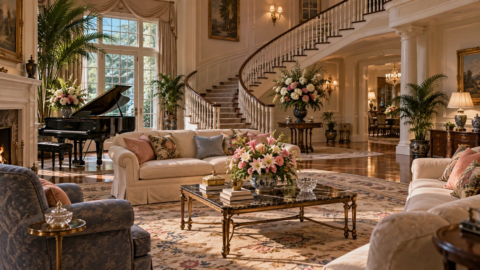 A polished mansion living room with a grand staircase