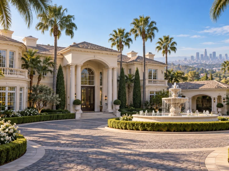 An elegant 1990s Bel-Air mansion with palms and a circular drive