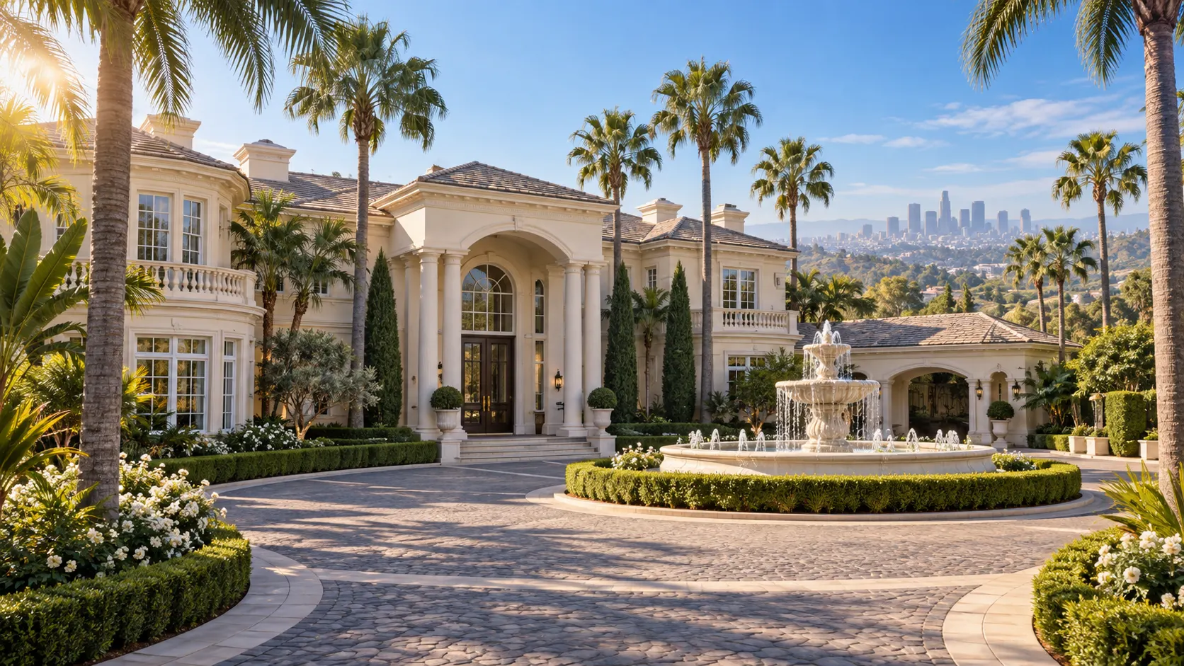 An elegant 1990s Bel-Air mansion with palms and a circular drive