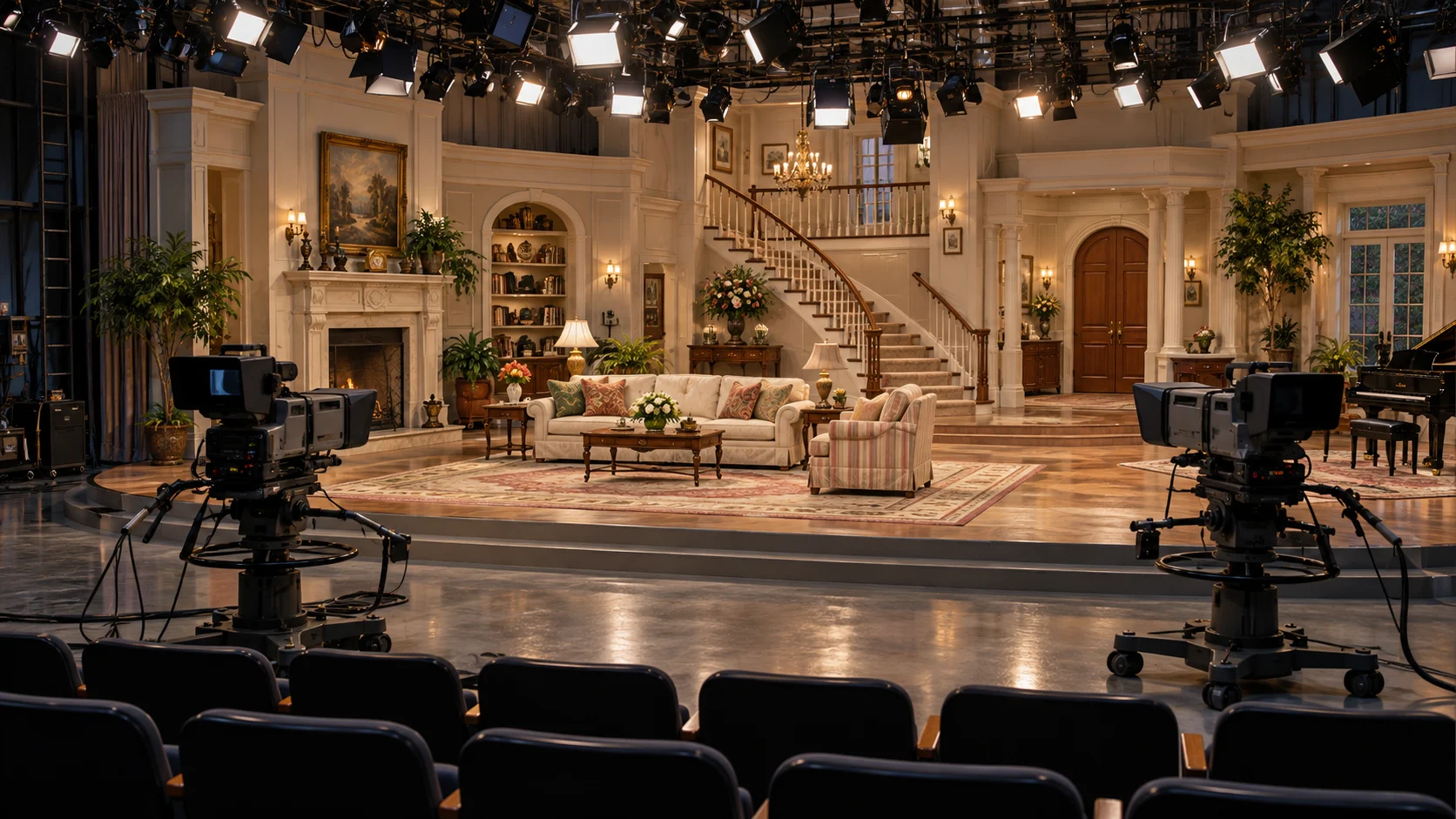 A multicamera sitcom soundstage recreating a mansion interior
