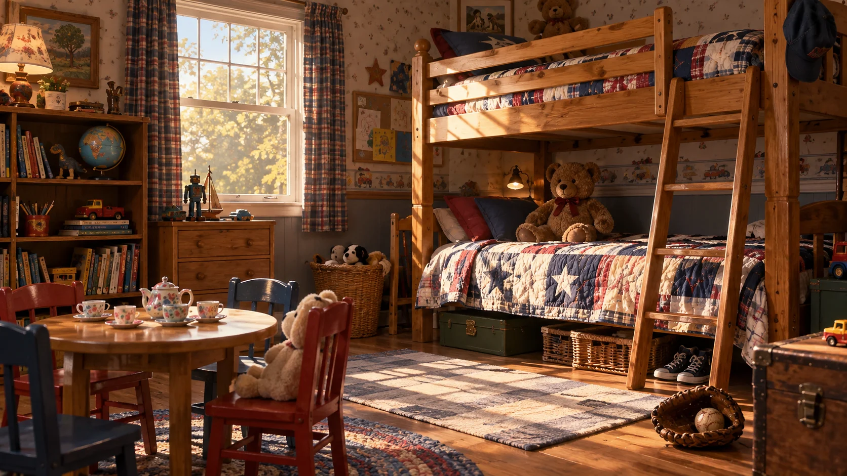 A playful 1990s children's bedroom with bunk beds and toys