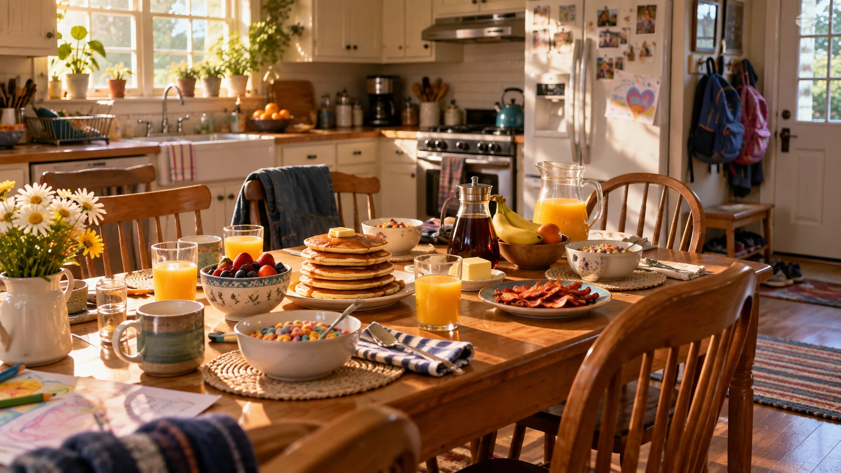 A cheerful family breakfast fills a sunlit kitchen table