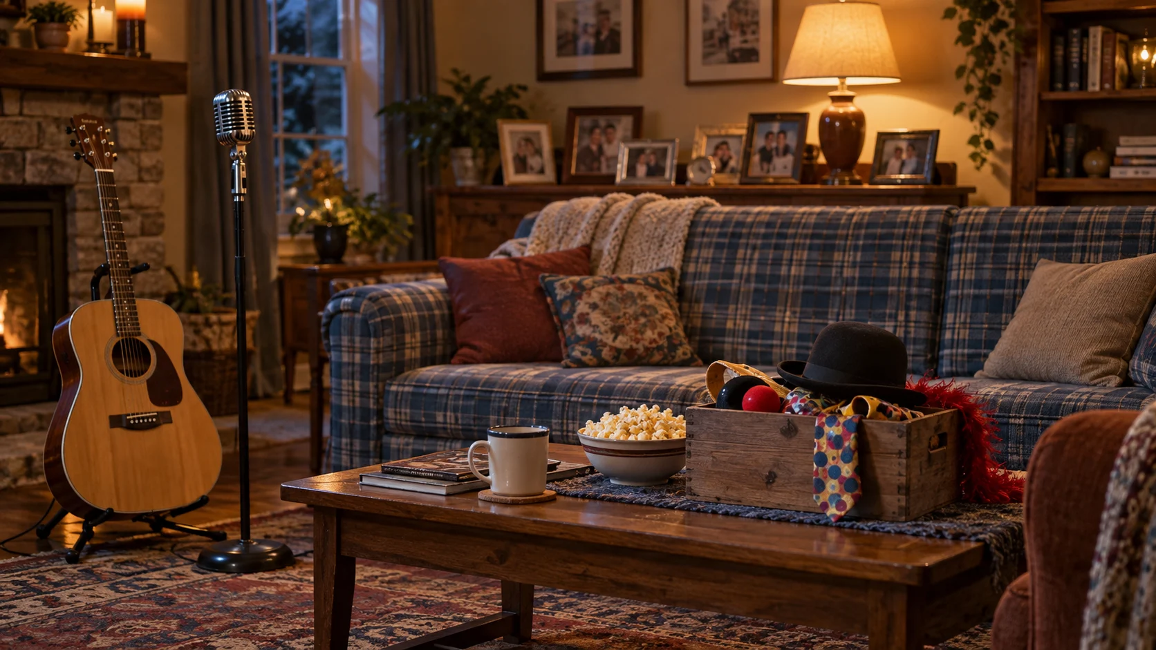 A guitar, microphone, and comedy props fill a cozy living room