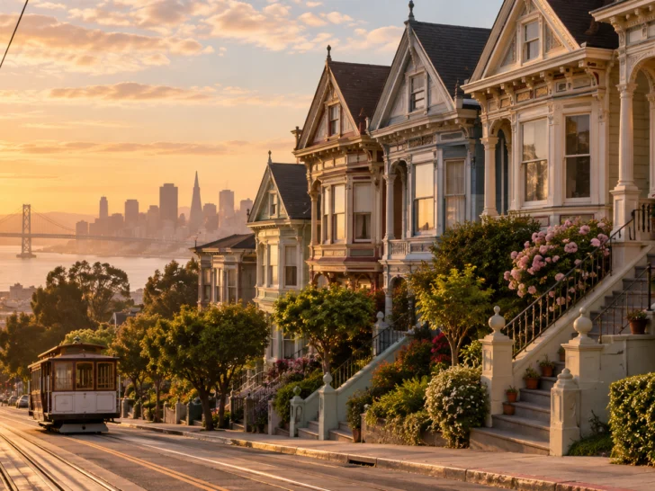 Colorful San Francisco Victorian houses glow at sunset