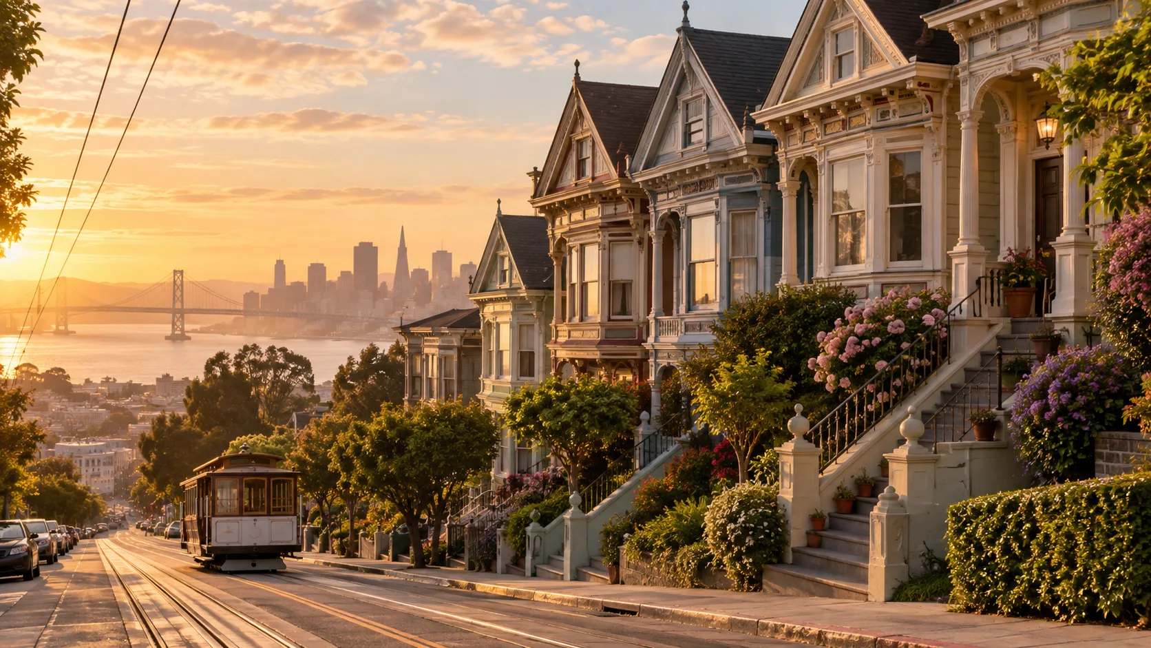 Colorful San Francisco Victorian houses glow at sunset