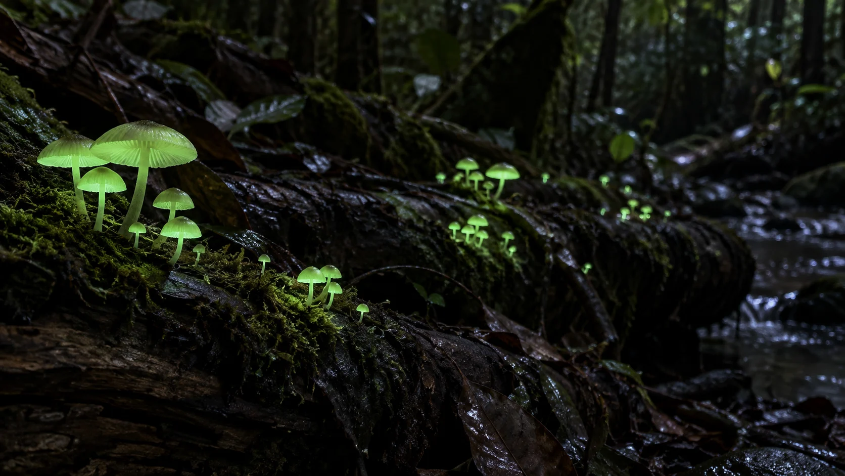 Bioluminescent mushrooms glow softly along a fallen forest log