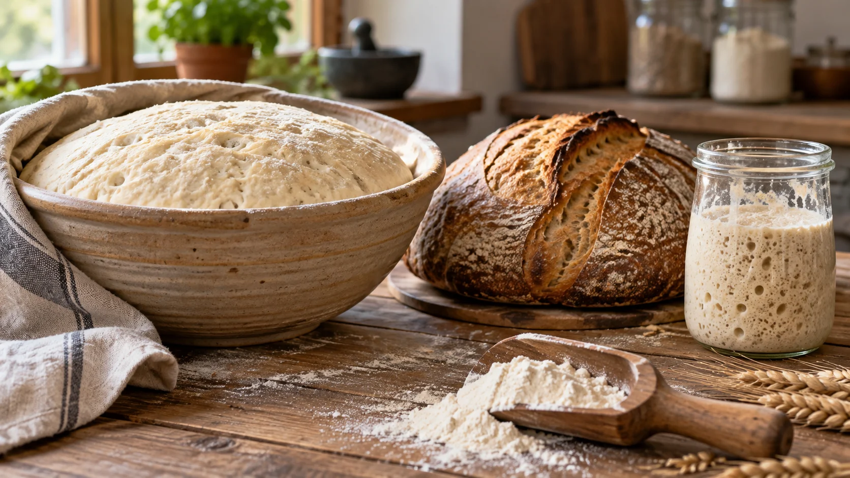 Risen dough sourdough bread and a bubbling starter show fungi at work