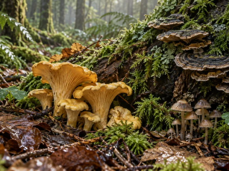 Chanterelles bracket fungi and tiny mushrooms share a mossy forest floor