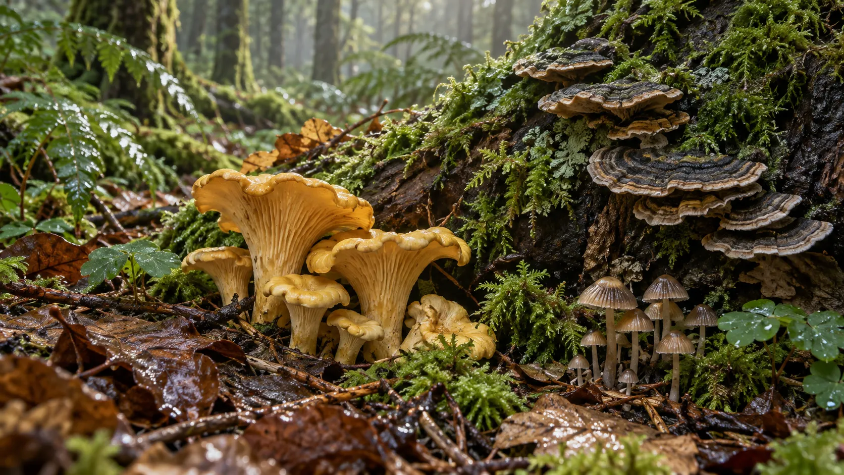Chanterelles bracket fungi and tiny mushrooms share a mossy forest floor
