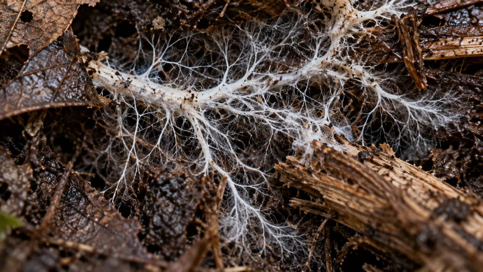 White mycelium branches through damp leaves and decaying wood