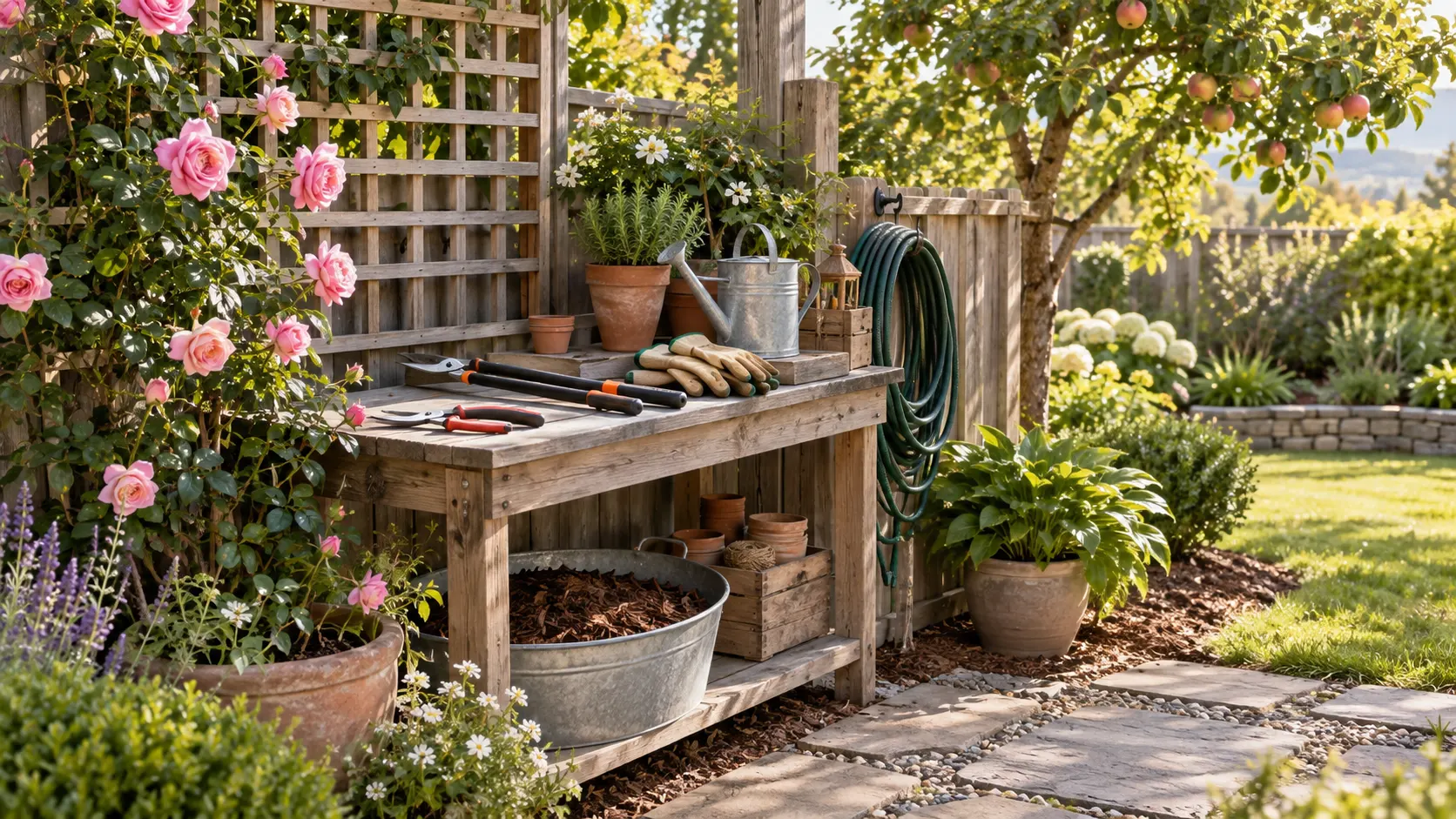Garden care station with shears, loppers, gloves, hose, mulch, and trellis