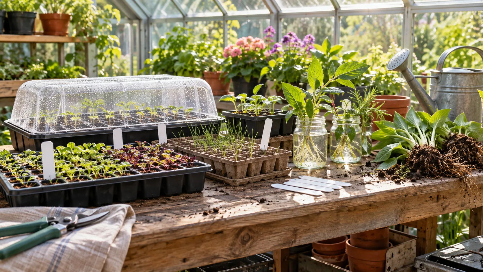 Greenhouse table with seed trays, cuttings, divided plants, and watering can