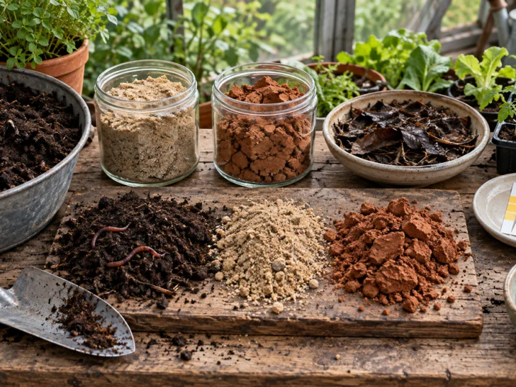 Gardening bench with compost, soil samples, earthworms, trowel, and seedlings