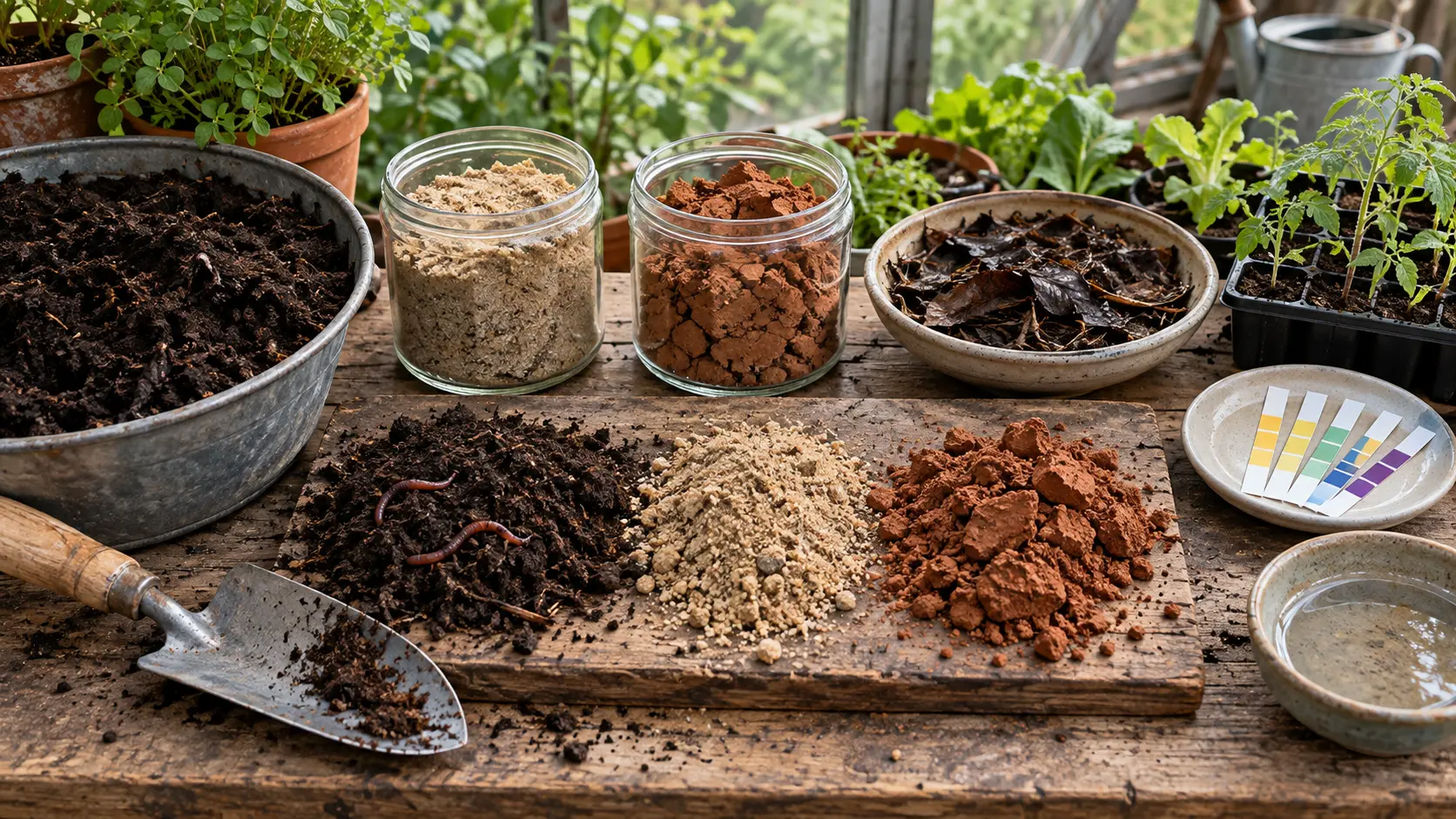 Gardening bench with compost, soil samples, earthworms, trowel, and seedlings