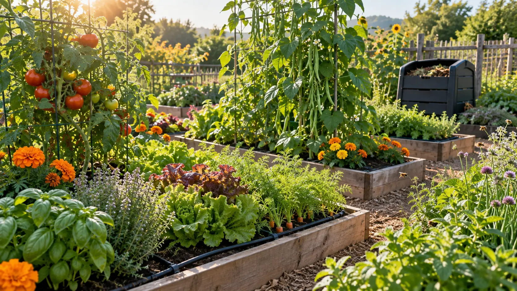 Raised vegetable beds with tomatoes, beans, lettuce, carrots, herbs, and marigolds