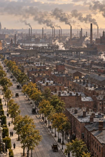 1880s American city with mansion avenue, worker neighborhoods, rail yards, and smoky factories
