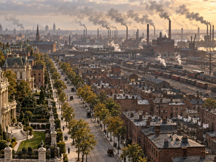 1880s American city with mansion avenue, worker neighborhoods, rail yards, and smoky factories