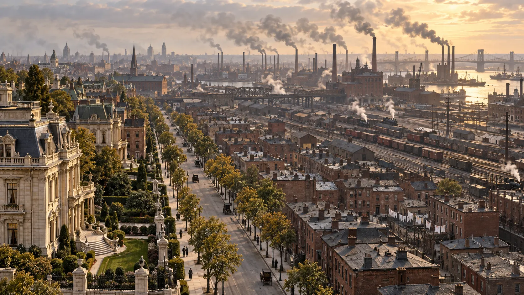 1880s American city with mansion avenue, worker neighborhoods, rail yards, and smoky factories
