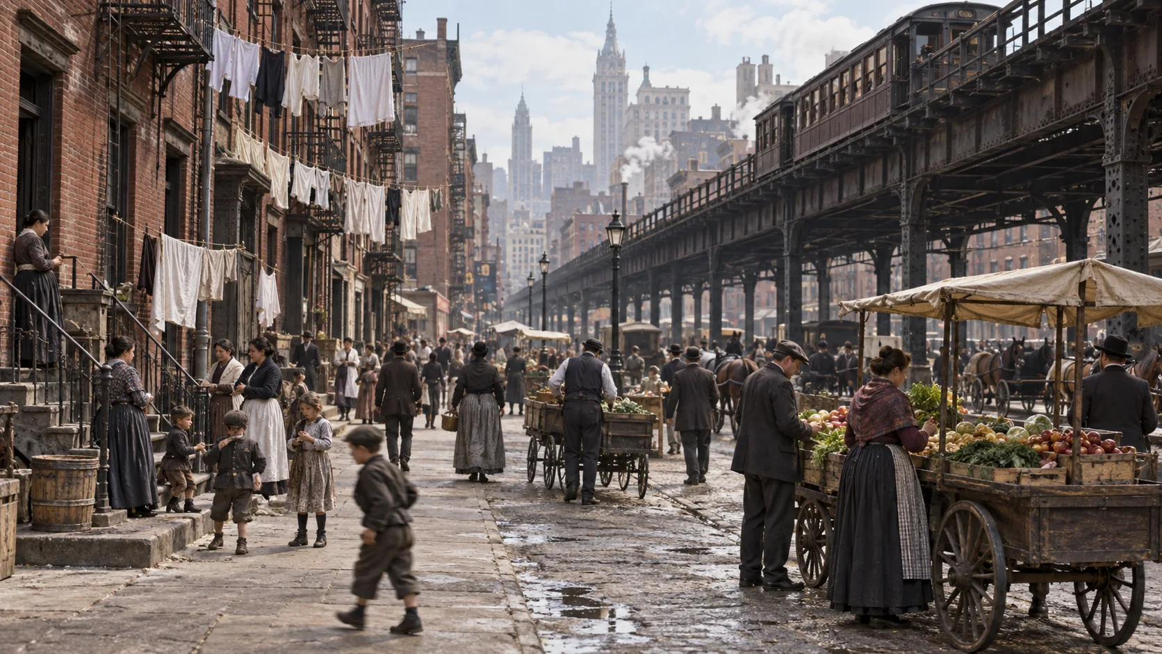 Busy 1890s New York immigrant neighborhood with tenements, laundry, pushcarts, and elevated railway