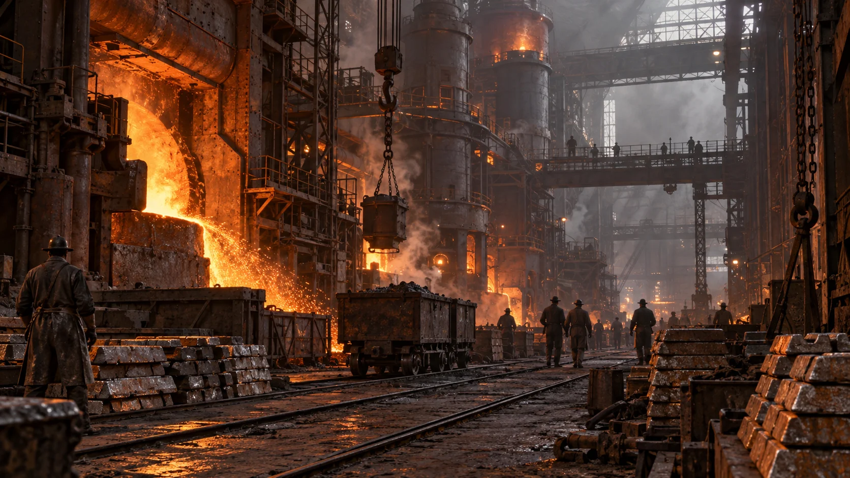 Late-19th-century steel mill with furnaces, rail carts, ingots, and distant workers