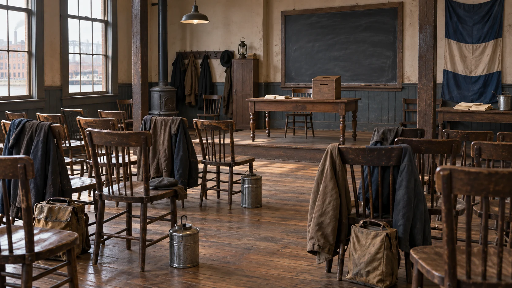 Empty 1890s union meeting room with work coats, lunch pails, blank handbills, and ballot box