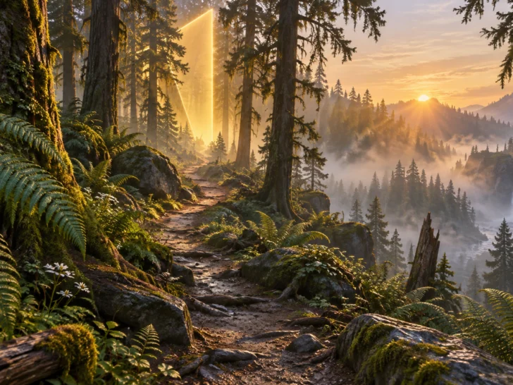 A strange golden beam cuts through a misty Oregon forest