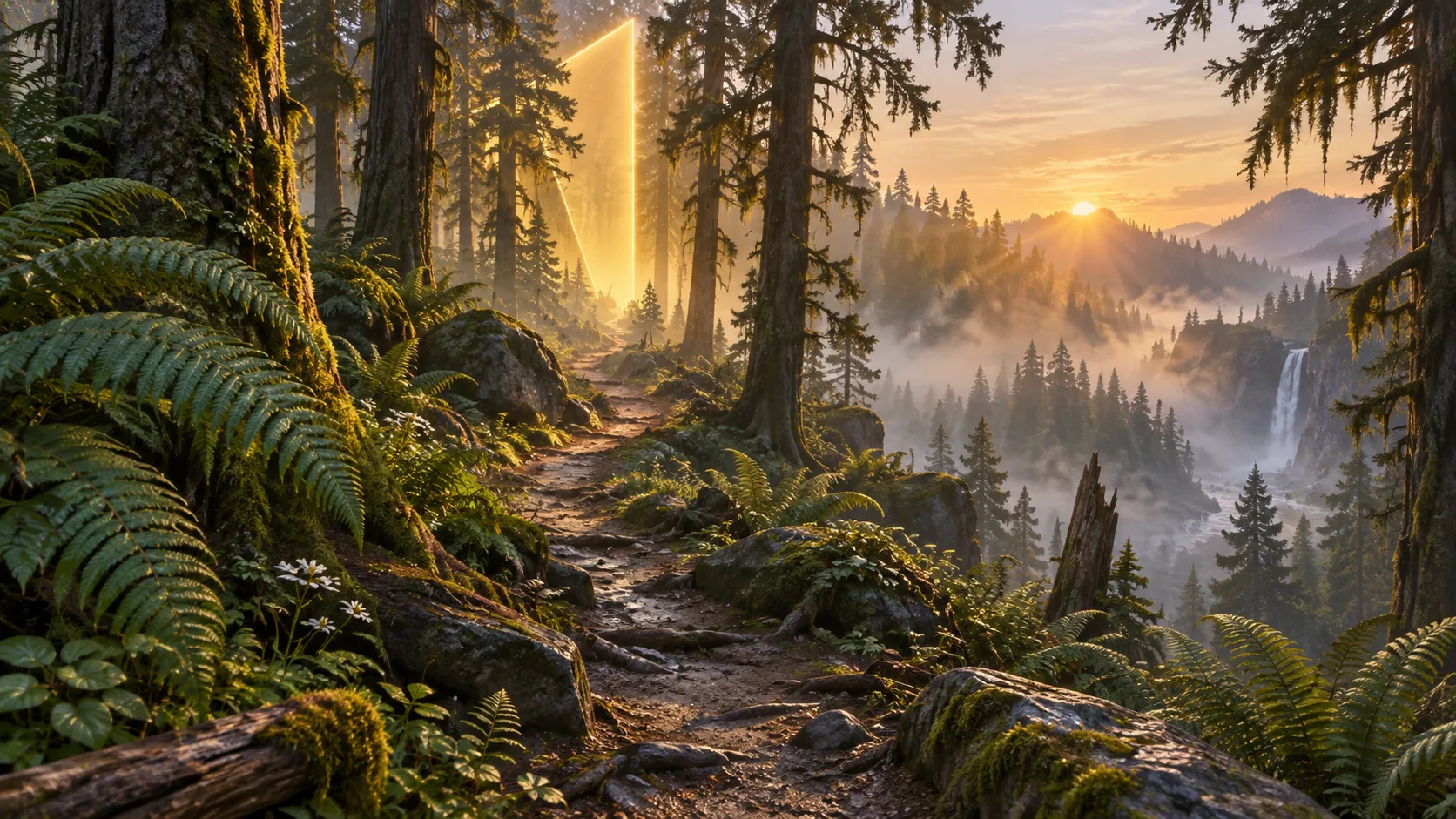 A strange golden beam cuts through a misty Oregon forest